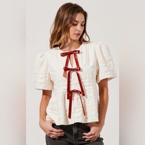 Bibi Cream Top With Burnt Orange Ribbon Bows
